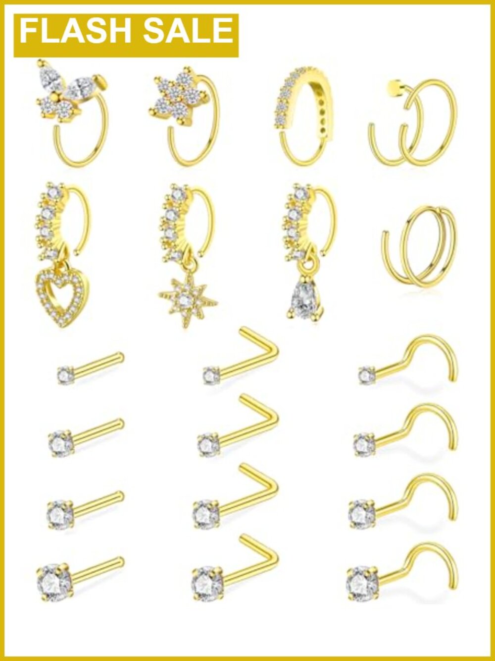 21 Pc 14K Gold Plated Nose Ring Set 20G Surgical Steel CZ Studs Hoops